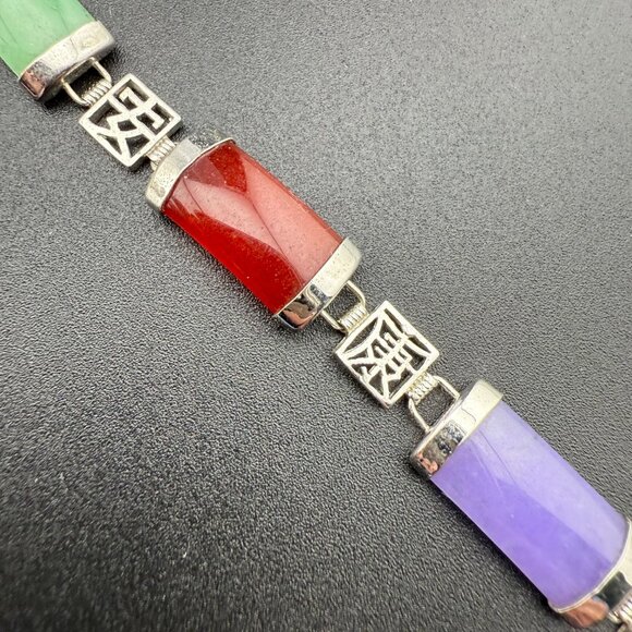 Multi-Stone 18K Gold Plated Bracelet With Chinese Symbols & Polished Natural Gem - Picture 3 of 12